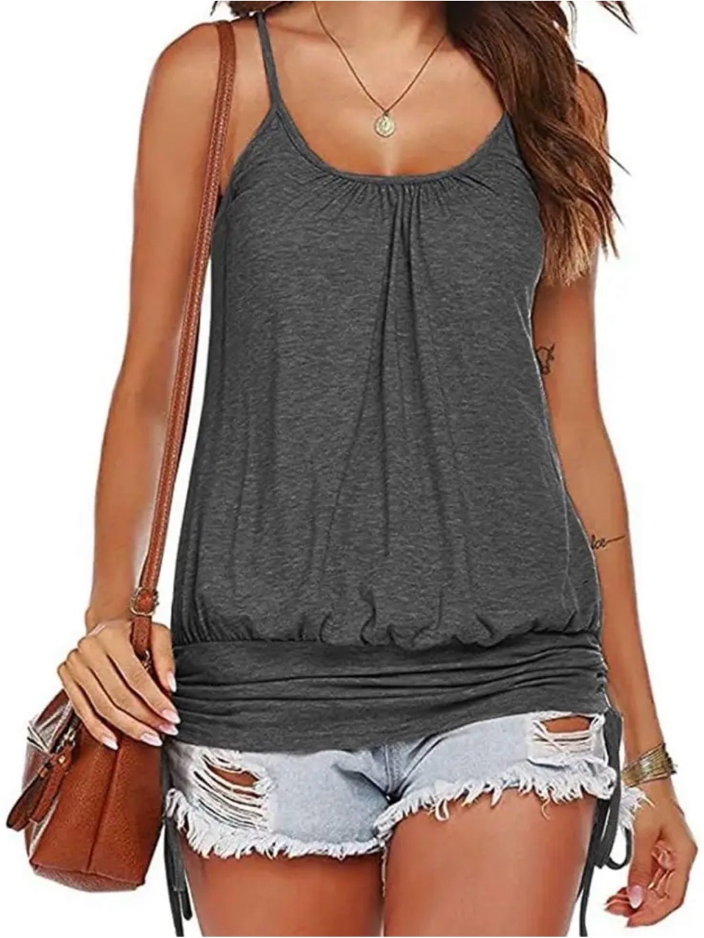 Women’s Adjustable Grey Spaghetti-Strap Blouson Tunic Top